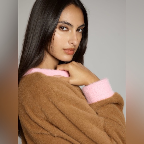 NWT Anthropologie Maeve Cozy Ringer Sweatshirt Cozy Brown Pink Women's Sweater - Picture 2 of 9